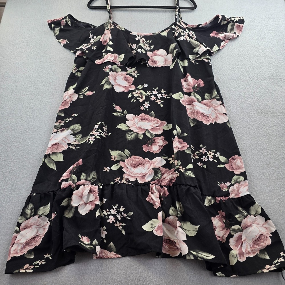 Amy Fashion Mini Dress Women XL Black Floral Party Spaghetti Strap Cold Shoulder